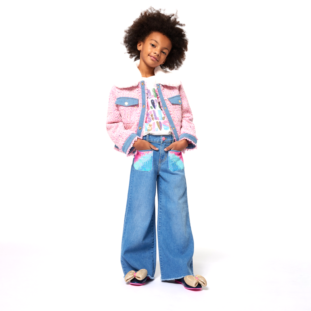 Wide Leg Denim Trousers with Sequin Pocket