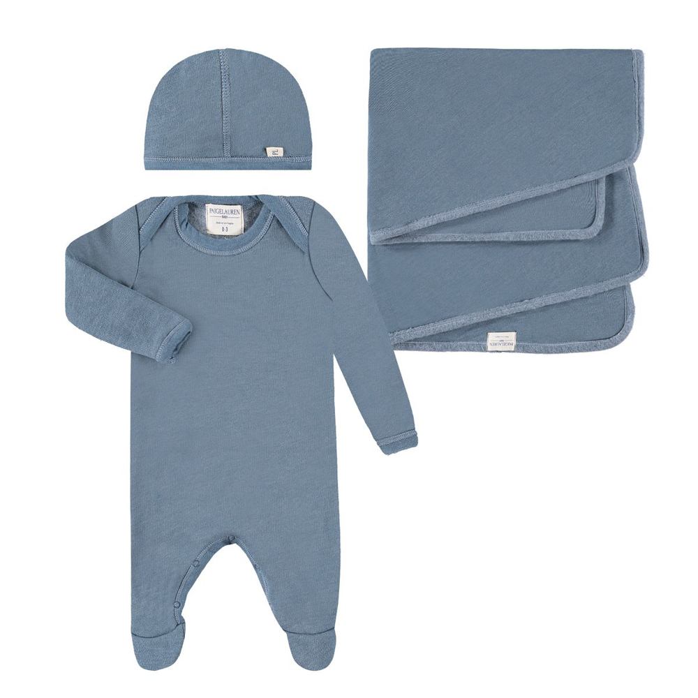 Welcome Home Eco Fleece Lap Tee Footie Romper, Blanket, Cap Set Blue Fleece