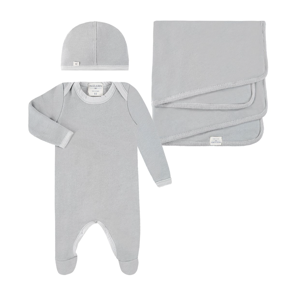 Welcome Home Eco Fleece Lap Tee Footie Romper, Blanket, Cap Set Gray Fleece