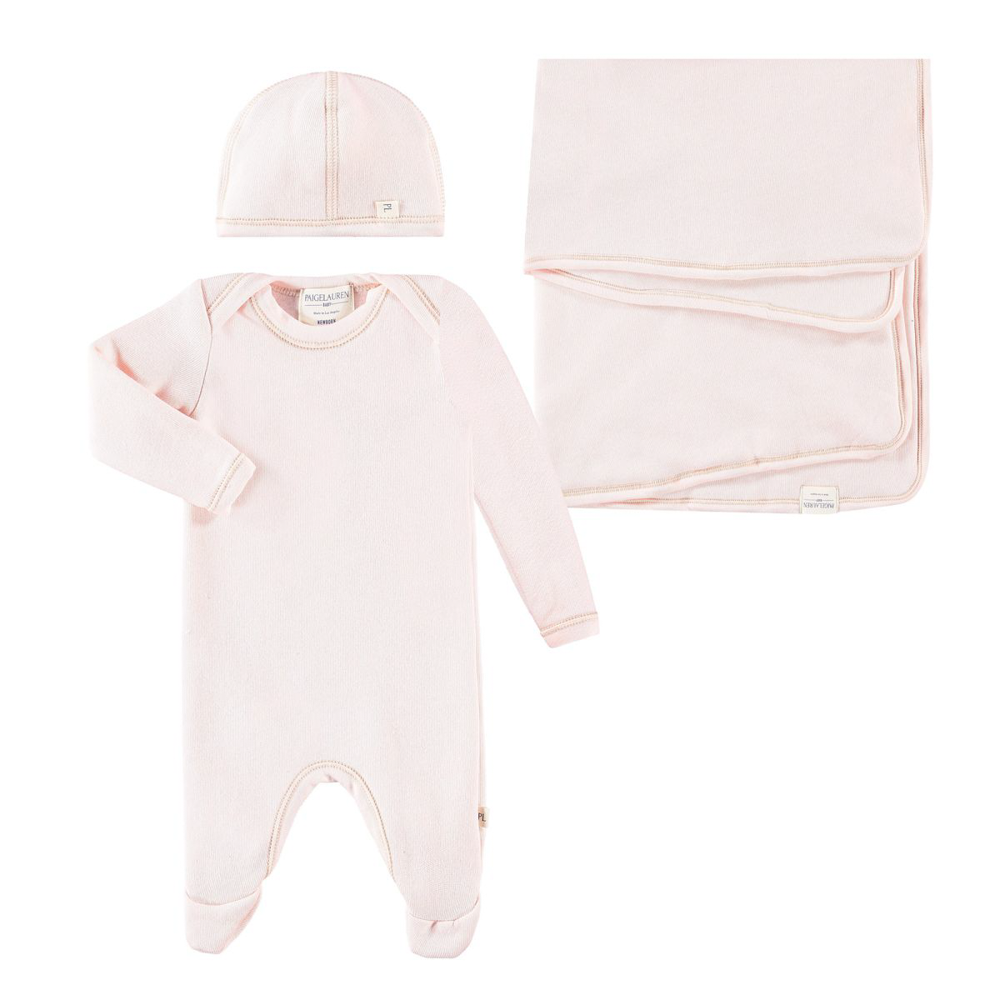 Welcome Home Eco Fleece Lap Tee Footie Romper, Blanket, Cap Set Pink Fleece