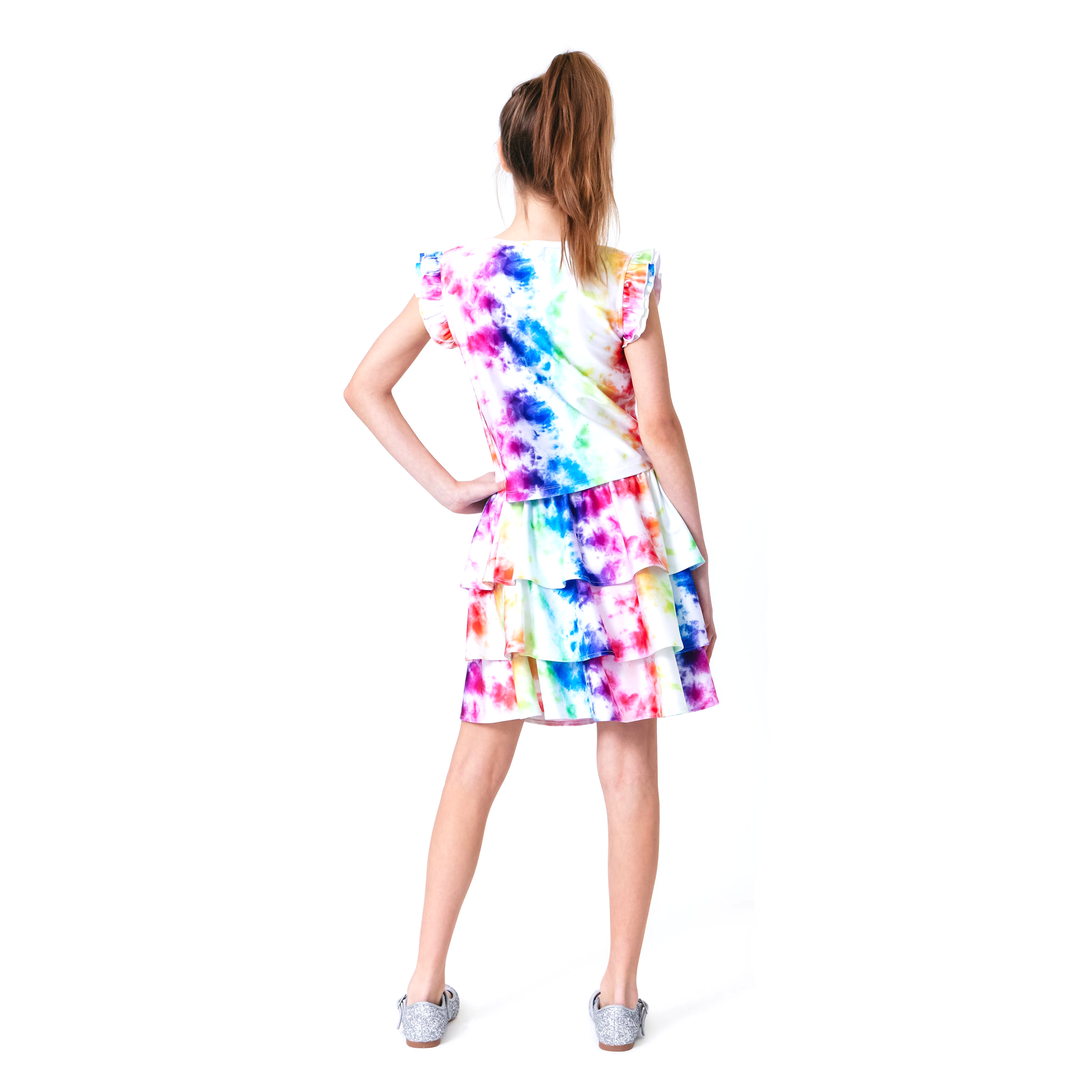 Rainbow Ice Dye Girls High Shine Ruffle Crop Top