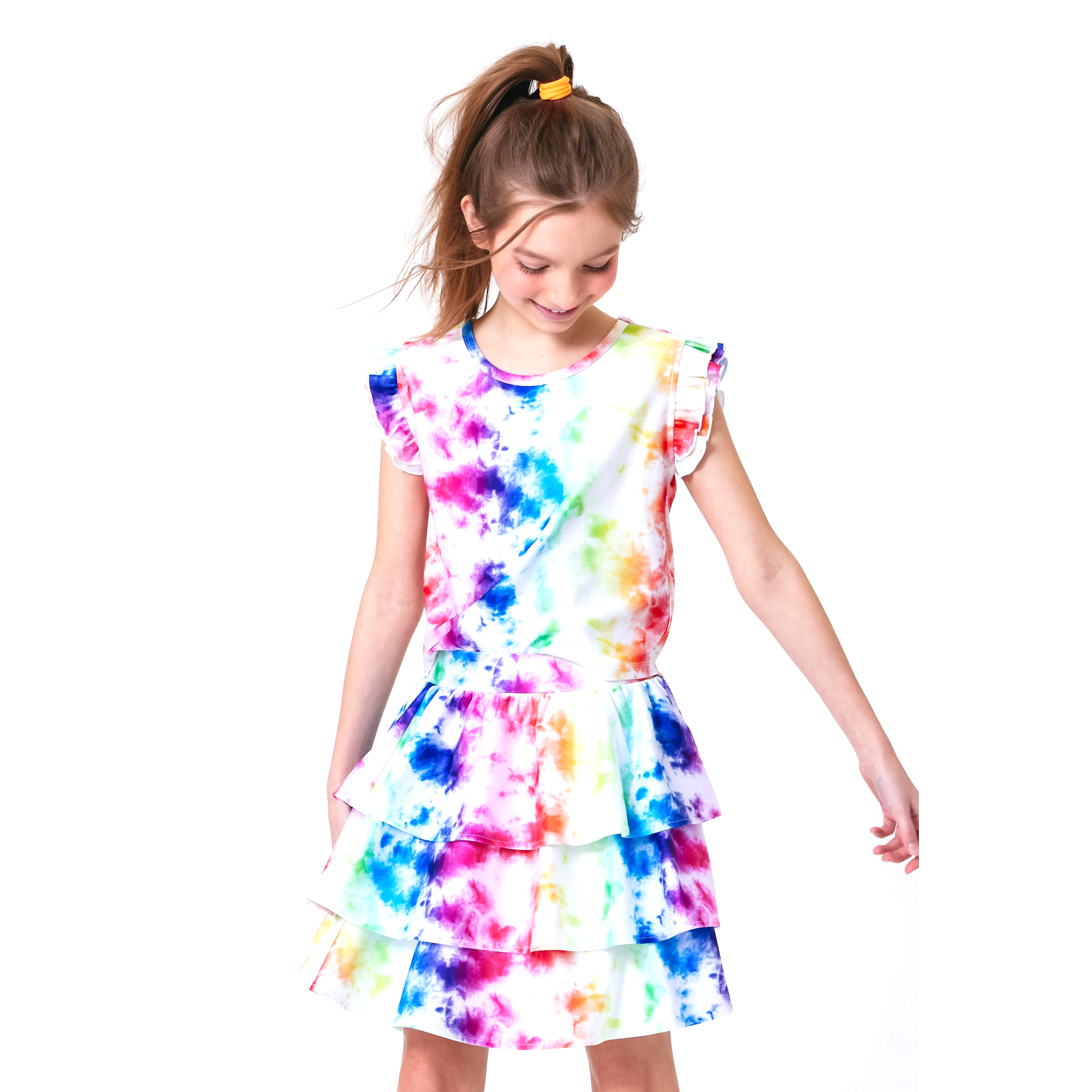 Rainbow Ice Dye Girls High Shine Ruffle Crop Top