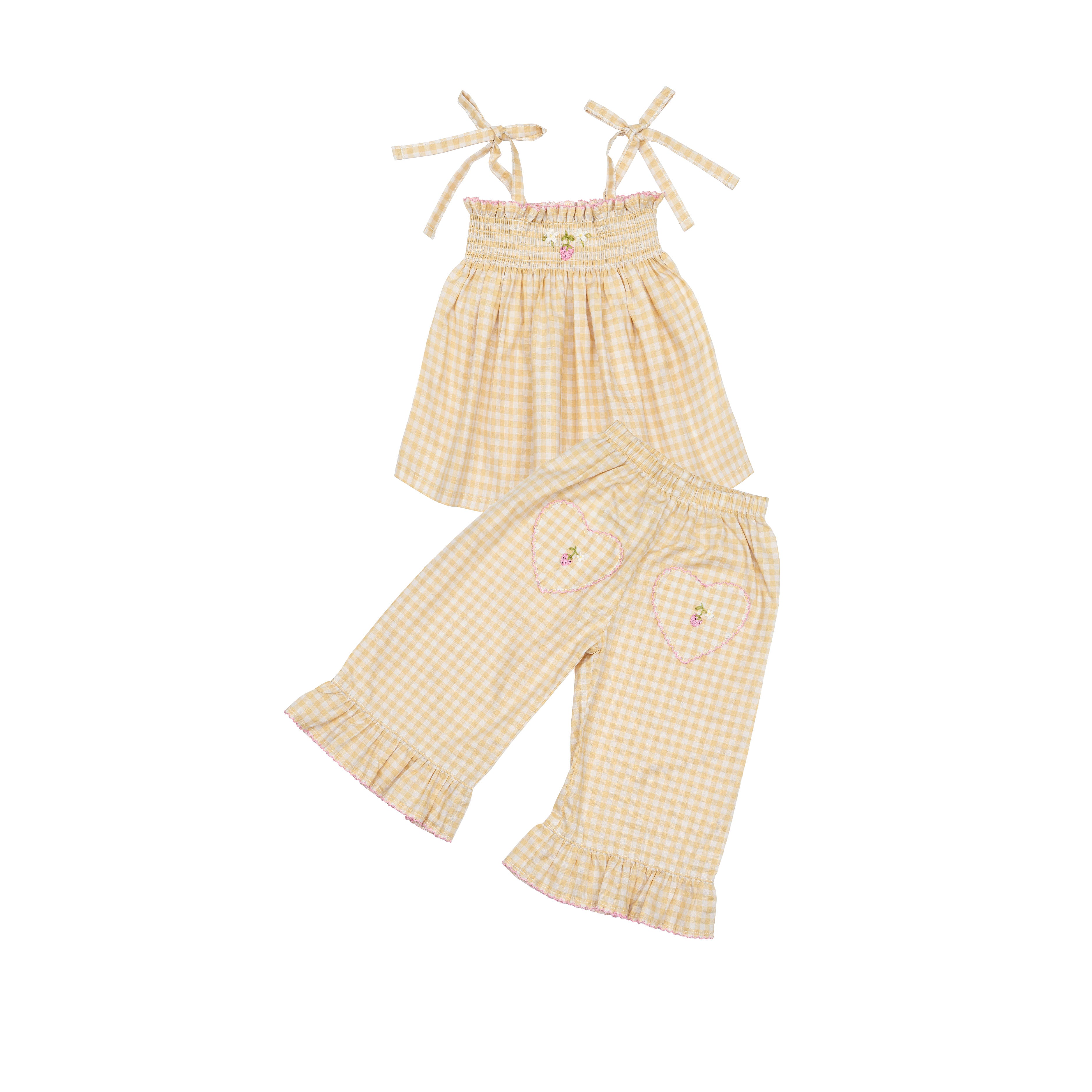 Ruffle Pant Set Yellow Gingham Strawberry