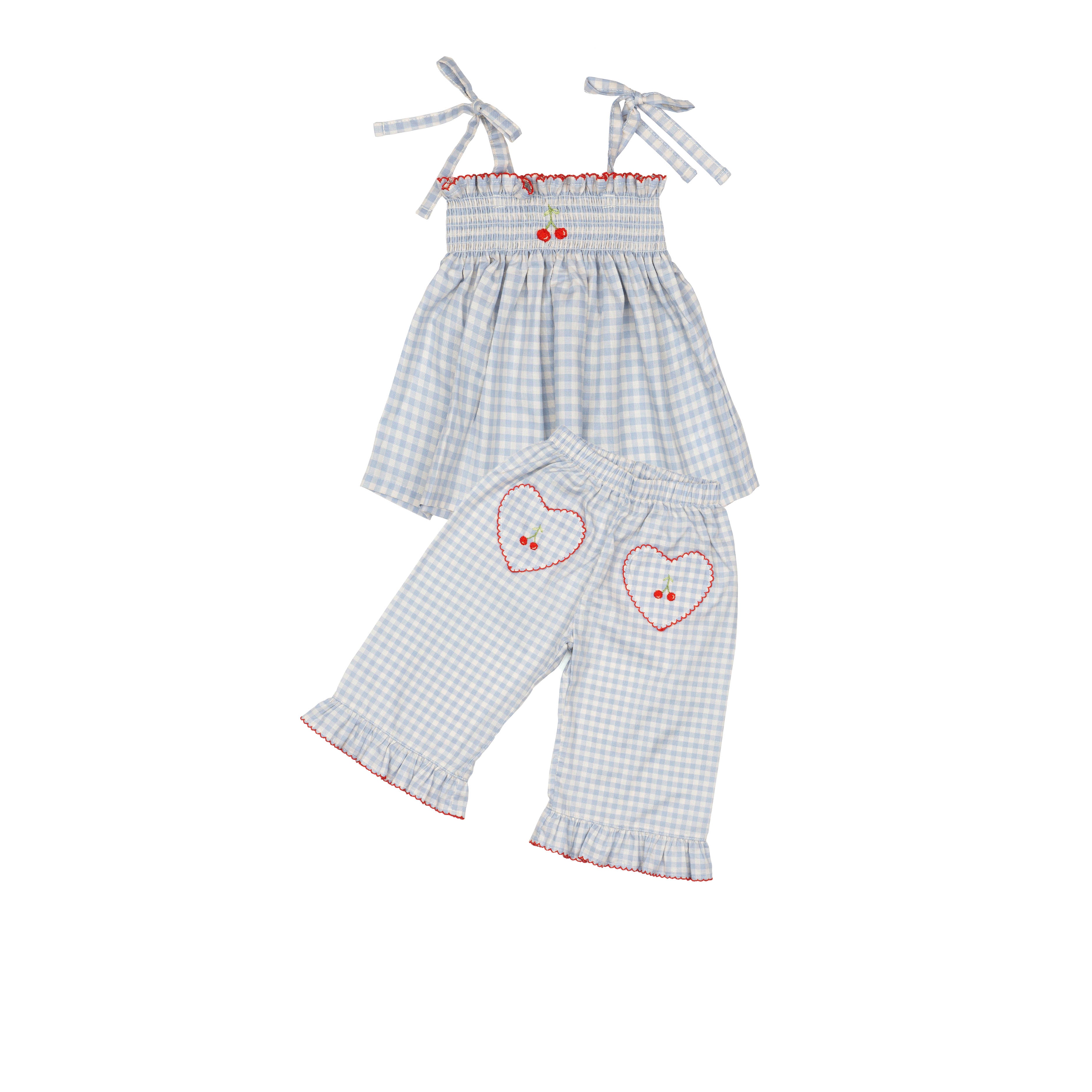 Ruffle Pant Set Blue Gingham Cherry