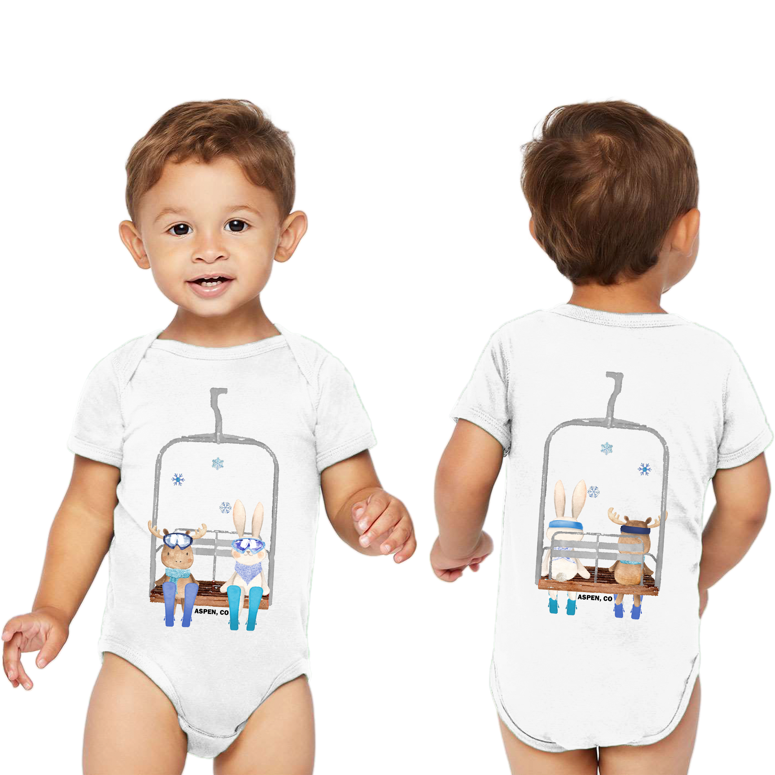 Casey Altman Design_Bunny and Moose Ski Day Short Sleeve One-piece White_One-Pieces