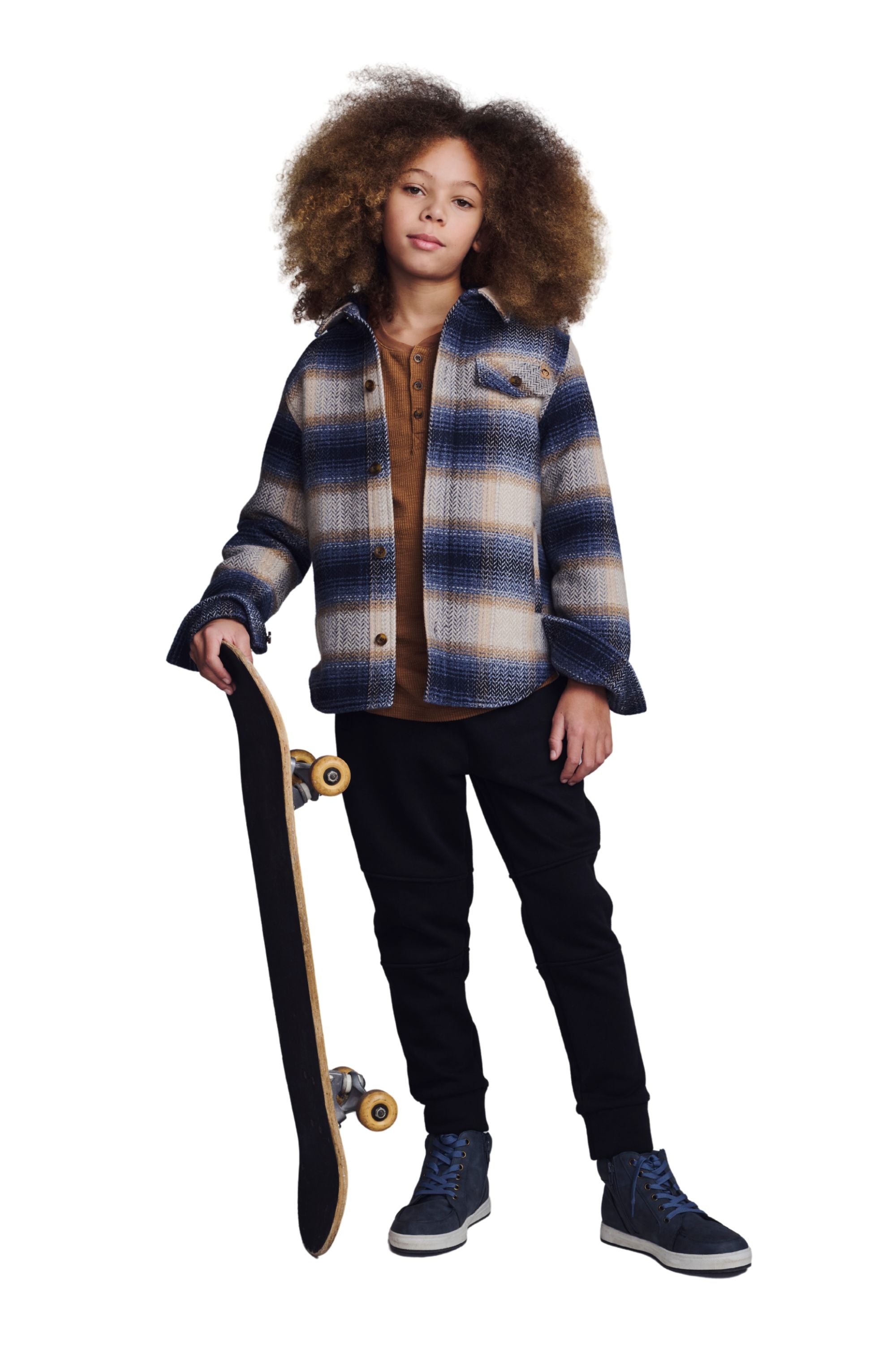 Glen Hooded Shirt Blue Herringbone Plaid